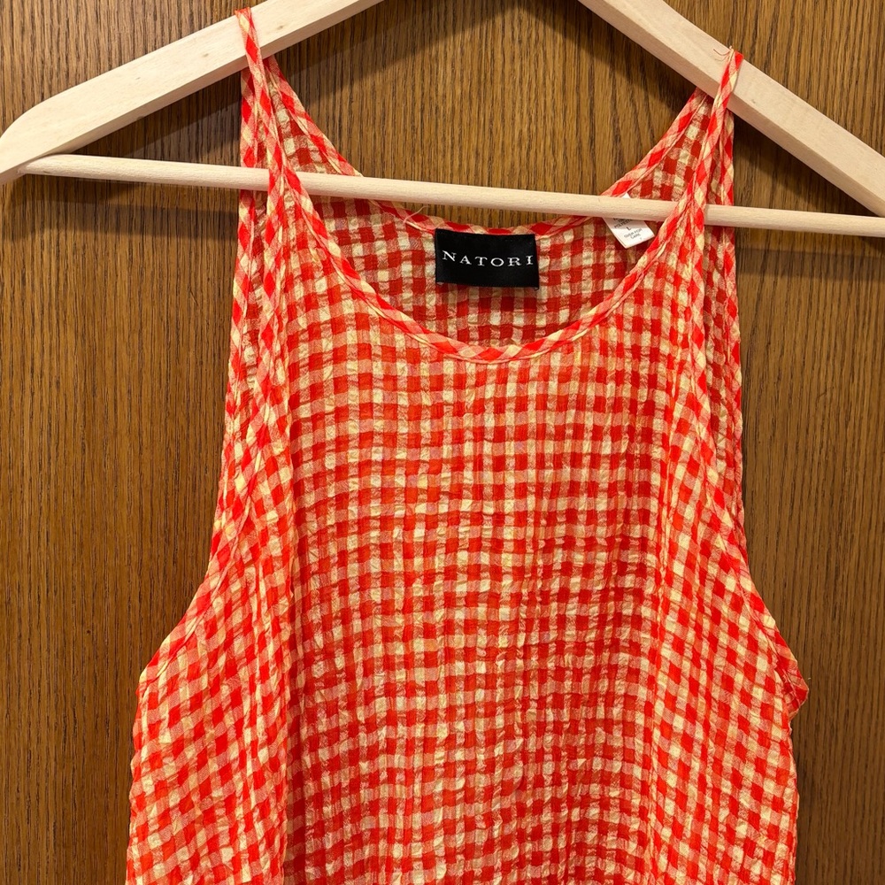 Semi sheer Natori maxi dress, orange and yellow gingham. Large - Picture 3 of 11